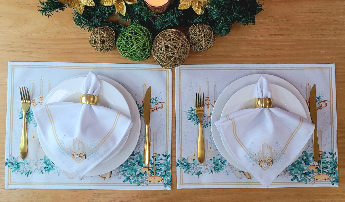 Set of four gold synthetic cloth napkins from Maison Charlô with Christmas candles, 16x16 inches, elegant holiday table decor