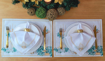 Set of four gold synthetic cloth napkins from Maison Charlô with Christmas candles, 16x16 inches, elegant holiday table decor