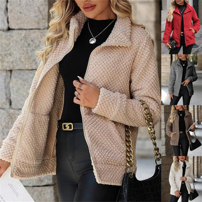 Women's padded fleece-lined zip-up jacket with pocket and lapel, front view