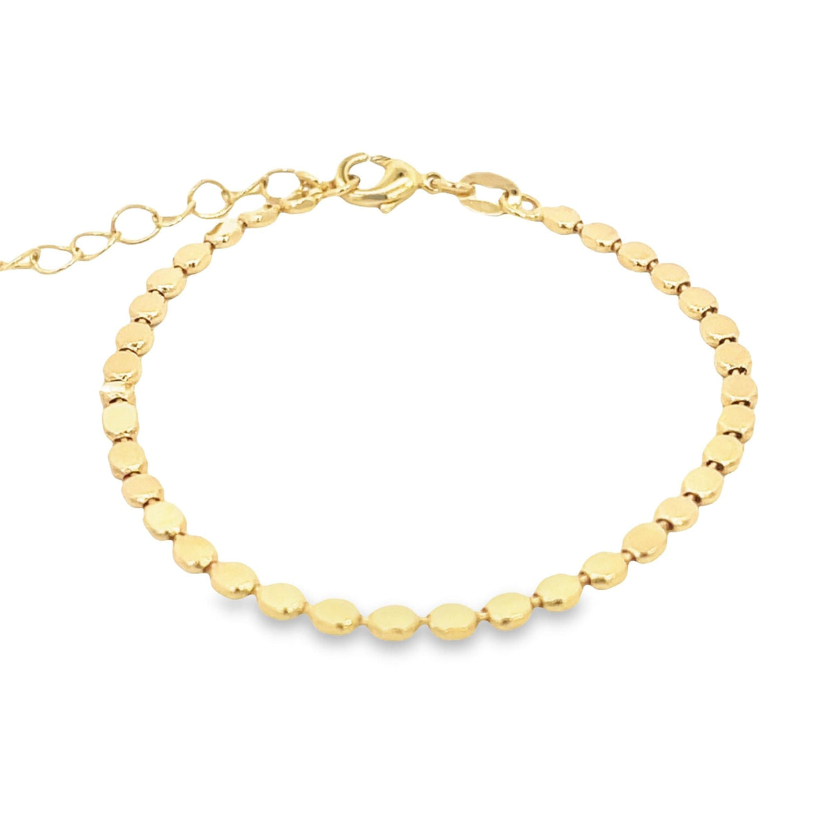 MIA Jewelry 3mm flat ball disc bracelet with sleek silver finish, showing close-up of round disc links on a delicate chain.