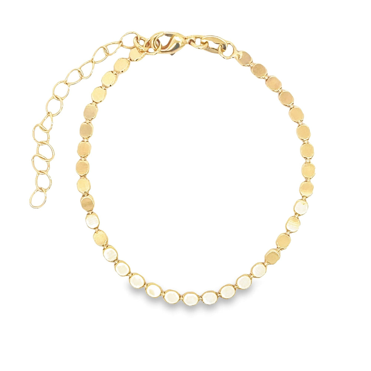 MIA Jewelry 3mm flat ball disc bracelet featuring sleek, minimalist design with small flat disc charms on a delicate chain.