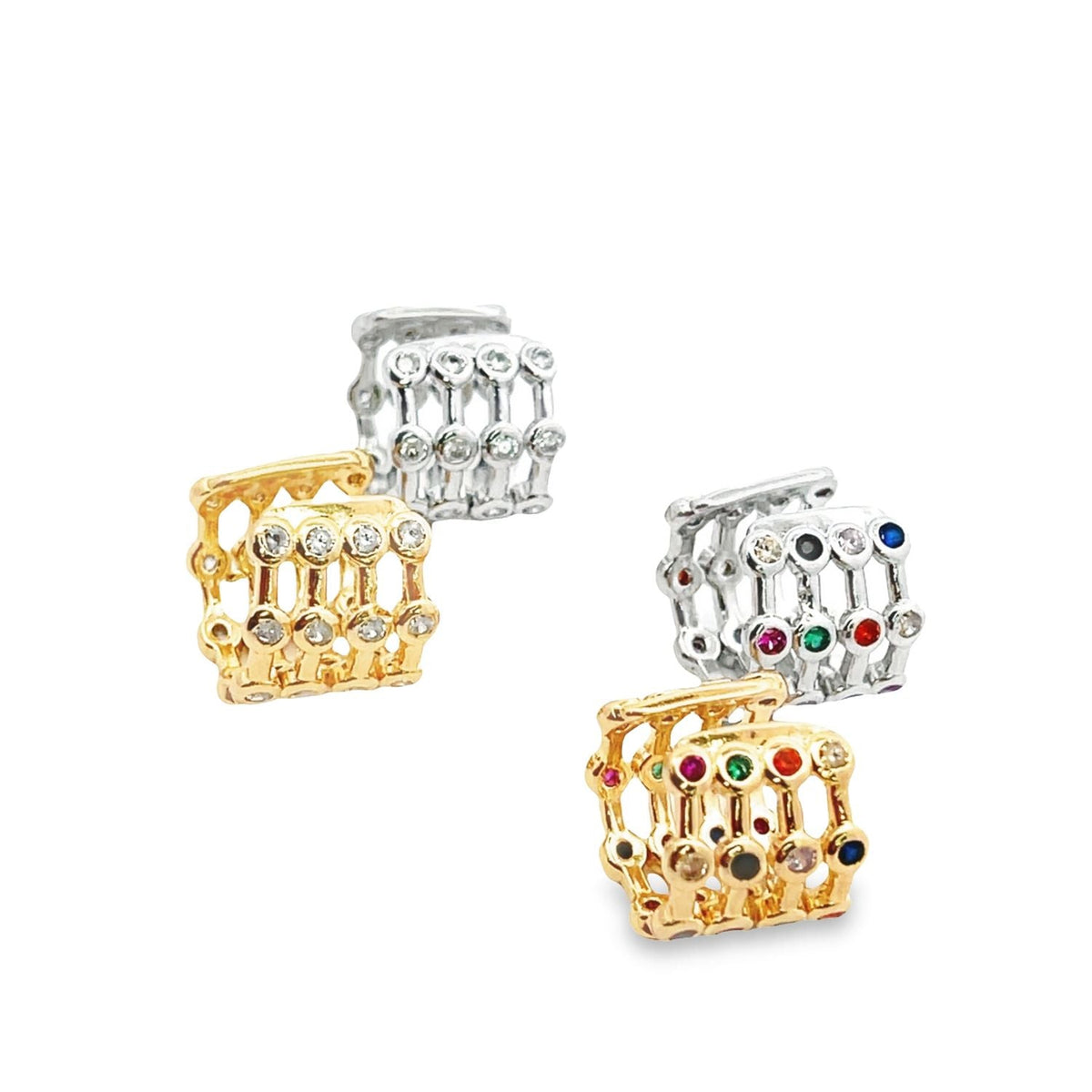 CZ clear and multicolor ear cuffs by MIA Jewelry, showcasing stylish metallic ear jewelry with sparkling gemstones.