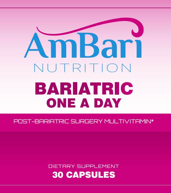 AmBari Nutrition Bariatric One-A-Day Multivitamin supplement bottle with colorful label and capsules inside.