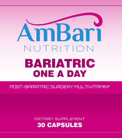 AmBari Nutrition Bariatric One-A-Day Multivitamin supplement bottle with colorful label and capsules inside.