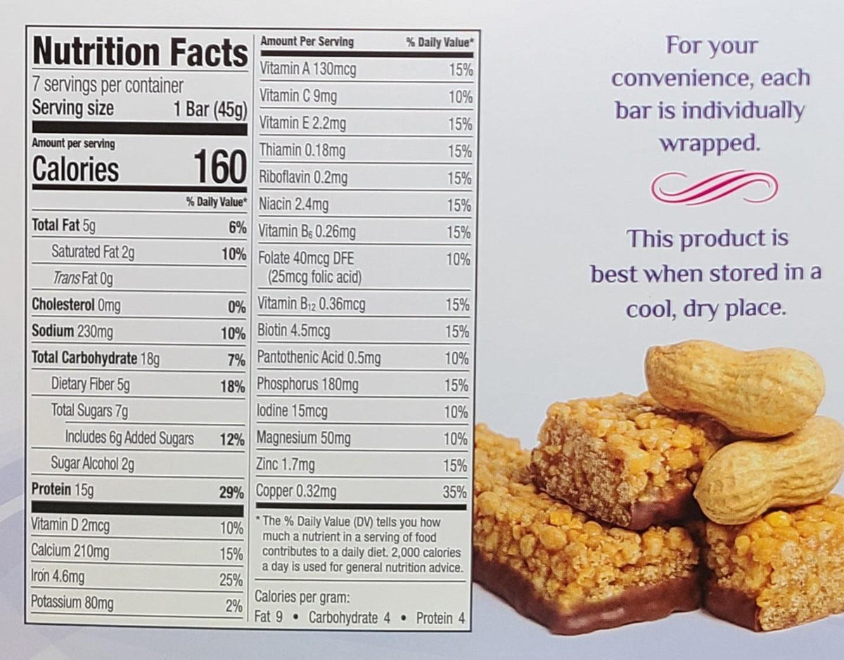 AmBari Nutrition Peanut Crisp Bars showing a close-up of crunchy peanut-filled snack bars on a white background.