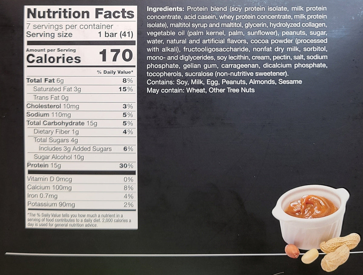 AmBari Nutrition Caramel Nut Protein Bar showing a close-up of the bar with caramel and nut pieces on top.