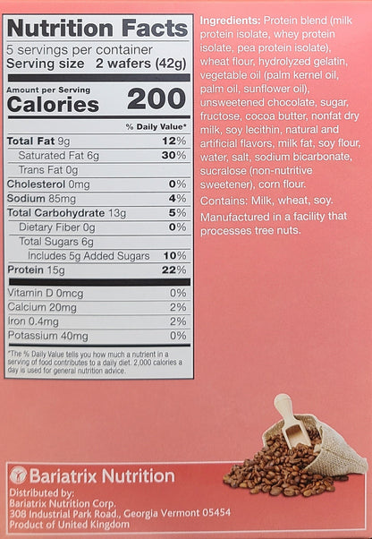 AmBari Nutrition Proti Wafer Squares bars with chocolate and vanilla layers, showing textured wafer and packaging.