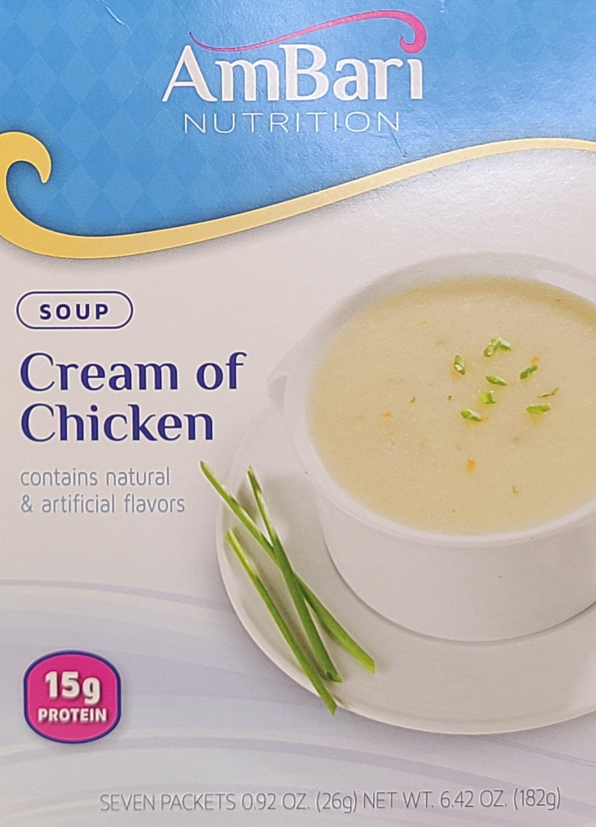 Cream of chicken soup by AmBari Nutrition in a bowl, showcasing its creamy texture and rich, savory appearance.