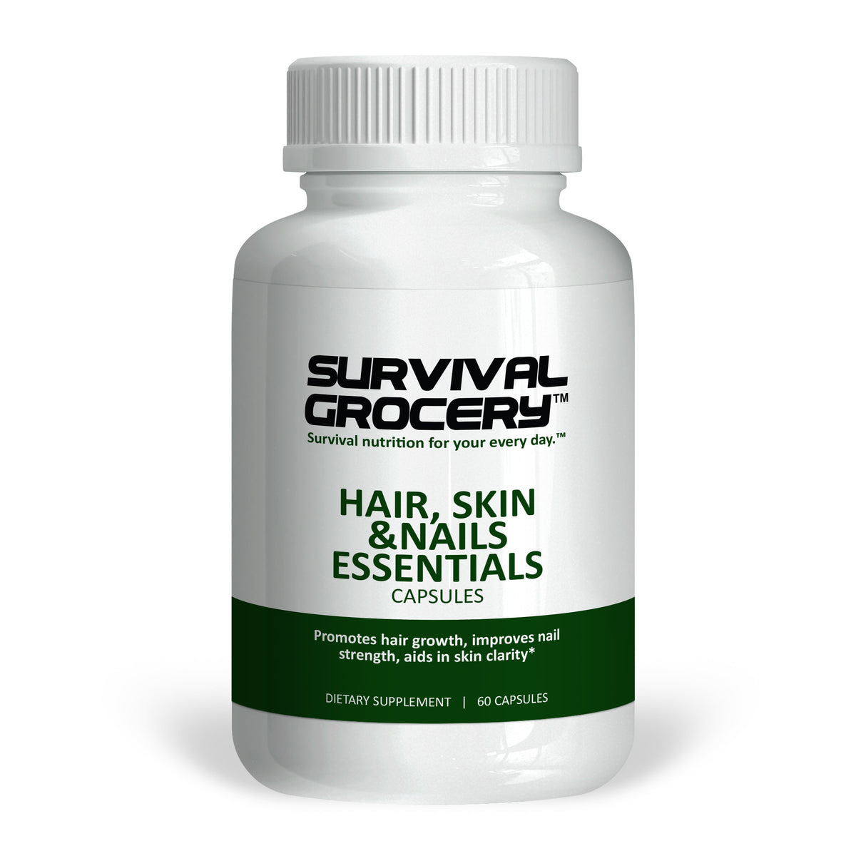Survival Grocery® Hair, Skin and Nails Essentials vitamins and minerals supplement in a bottle, designed to support beauty and health.