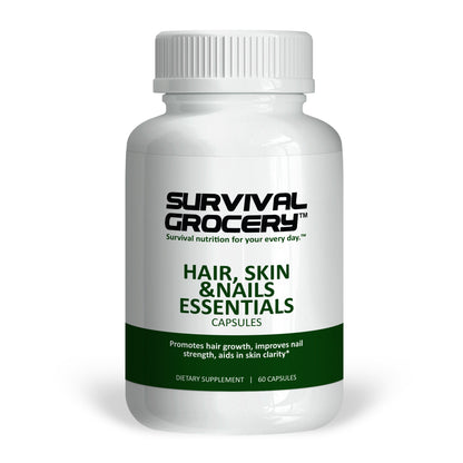 Survival Grocery® Hair, Skin and Nails Essentials vitamins and minerals supplement in a bottle, designed to support beauty and health.