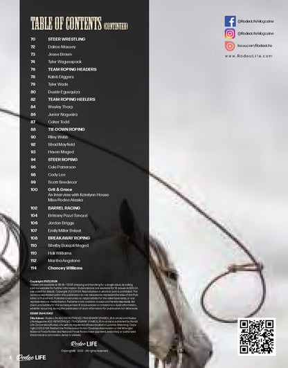 Cover image of Rodeo LIFE Digital December 2023 magazine, featuring a table of contents page with magazine branding.