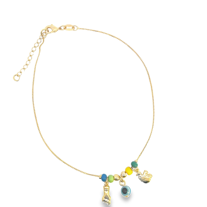 18K gold filled elephant and evil eye charms anklet with bead accents from MIA Jewelry, stylish and adjustable accessory.