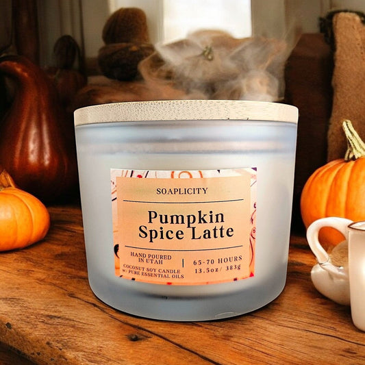 Pumpkin Spice Latte candle by Soaplicity with coconut-soy wax, shown in two sizes, featuring a cozy autumn-inspired design.