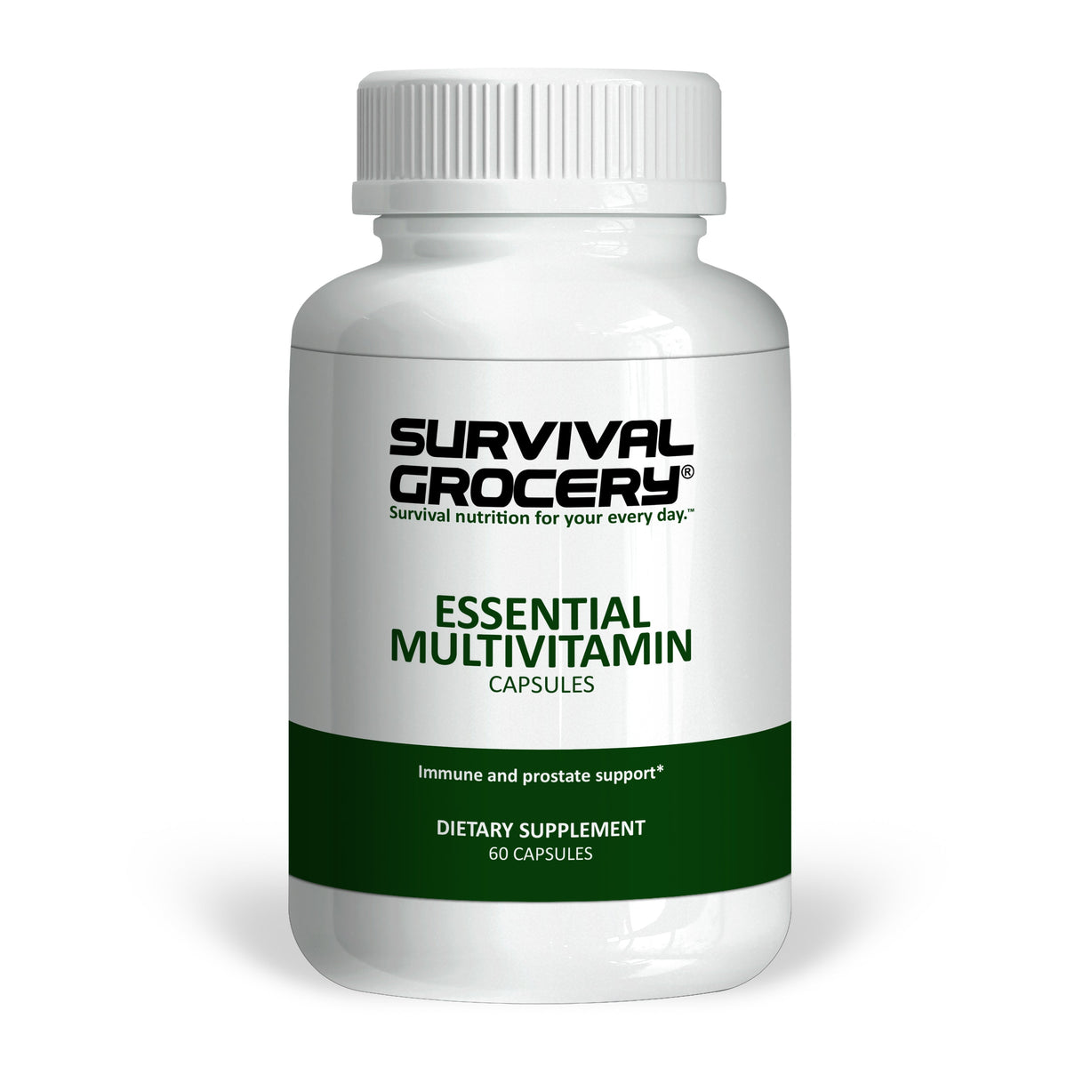 Essential multivitamin supplement from Survival Grocery®, showing colorful vitamin bottles and tablets on a white background.