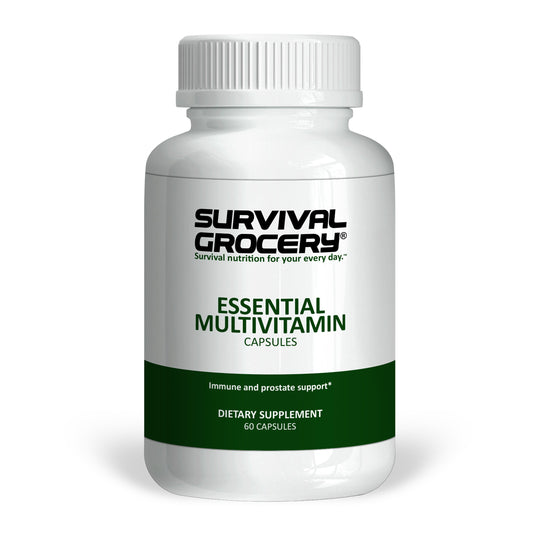 Essential multivitamin supplement from Survival Grocery®, showing colorful vitamin bottles and tablets on a white background.