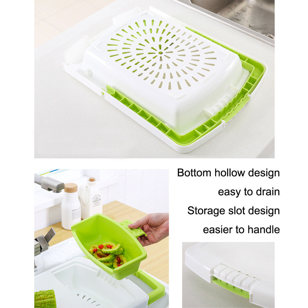 Kitchen drain cutting board with integrated drainage area and food preparation surface