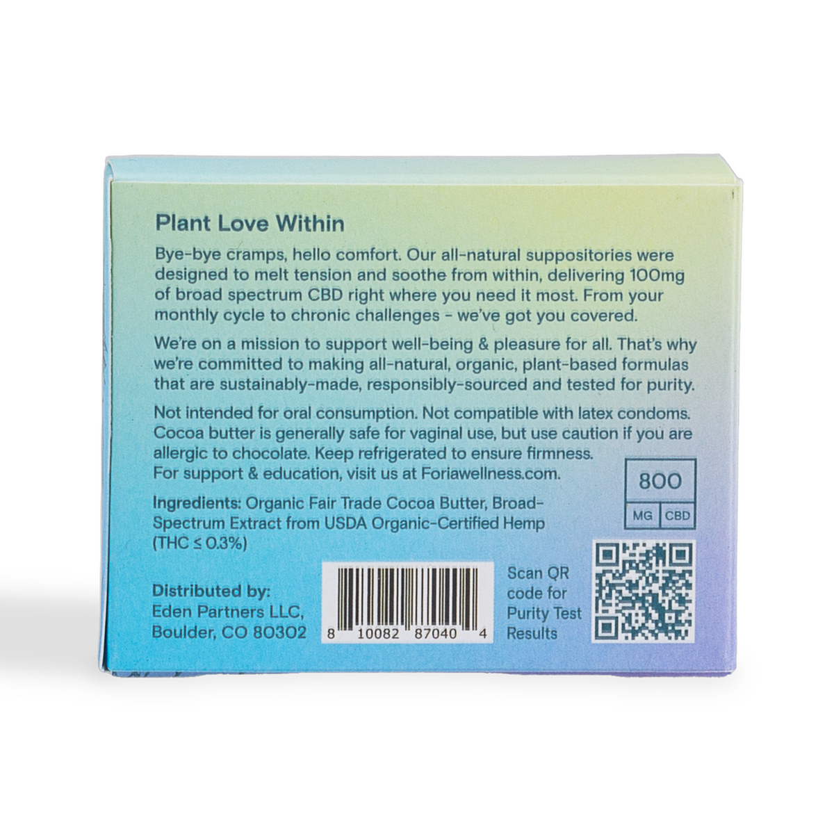 Foria Relief Melts with CBD in a white box showing the back label and product details.