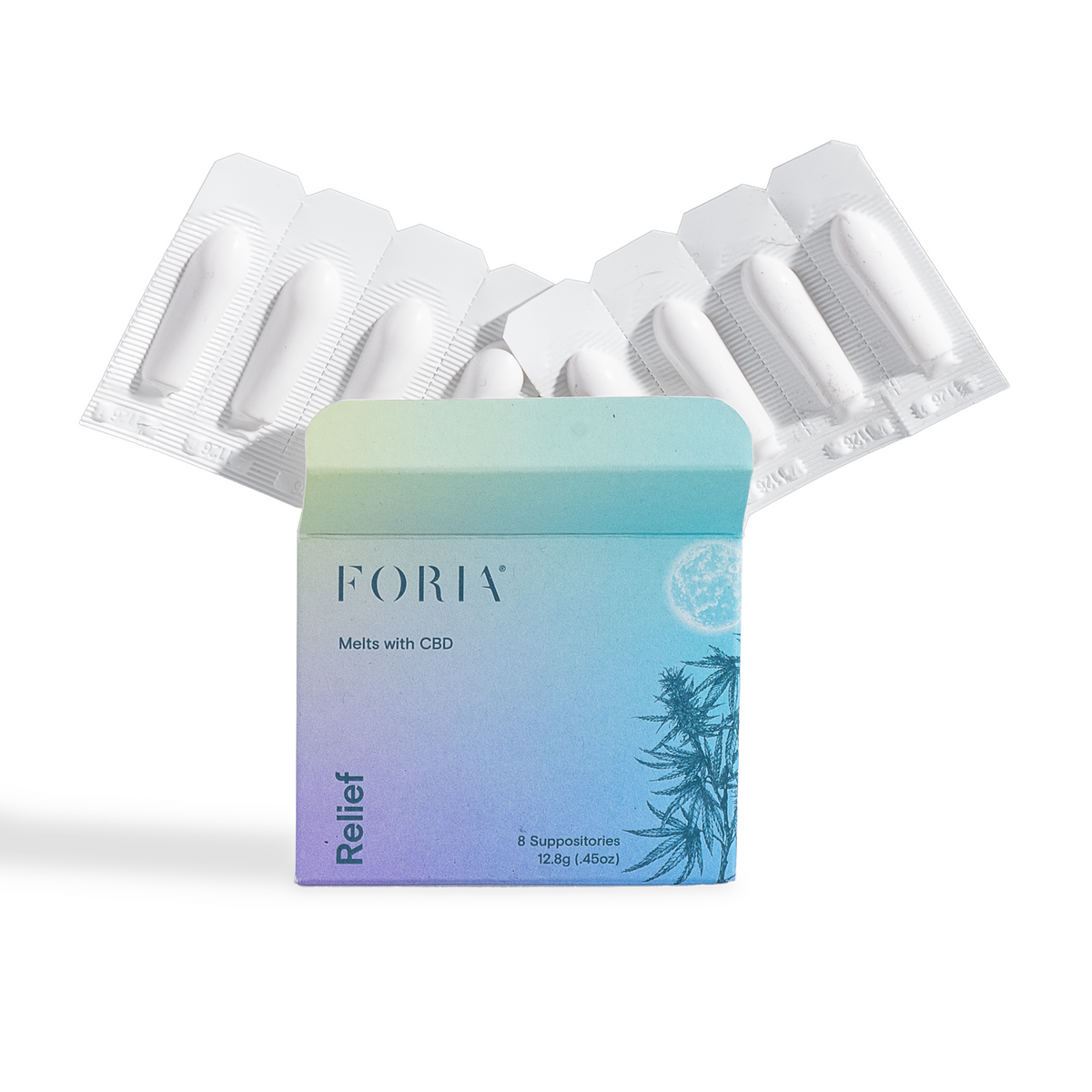 Foria Relief Melts with CBD in a white box with colorful branding, showing the product packaging and individual melts inside