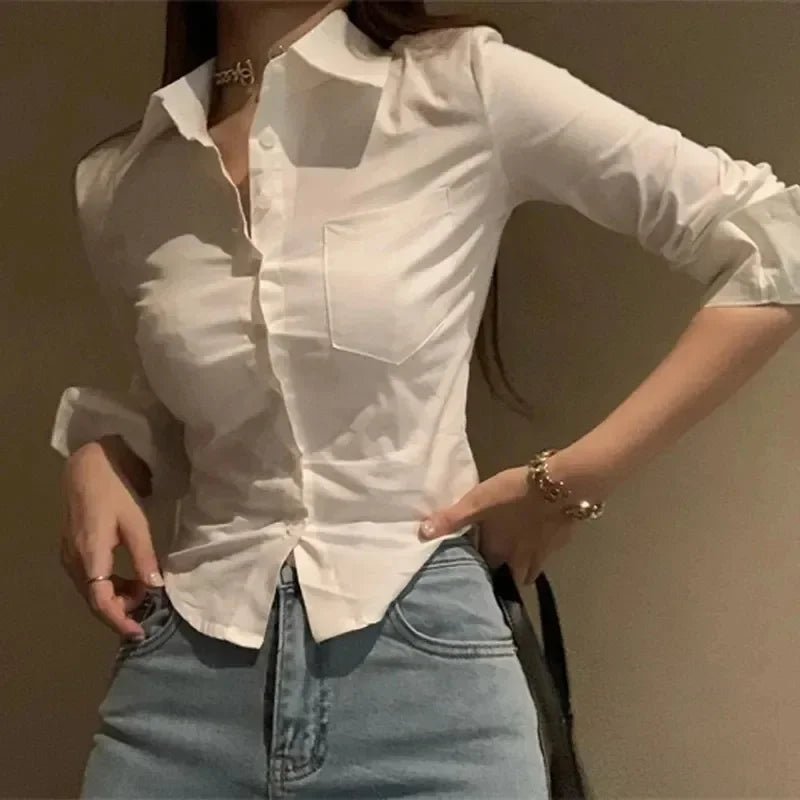 2025 Spring Commuter Long Sleeve New Female Crop Tops Korean White Office Women Chiffon Shirt Pocket Button Lapel Ladies Blouse - BACKUPMYFILESNOW