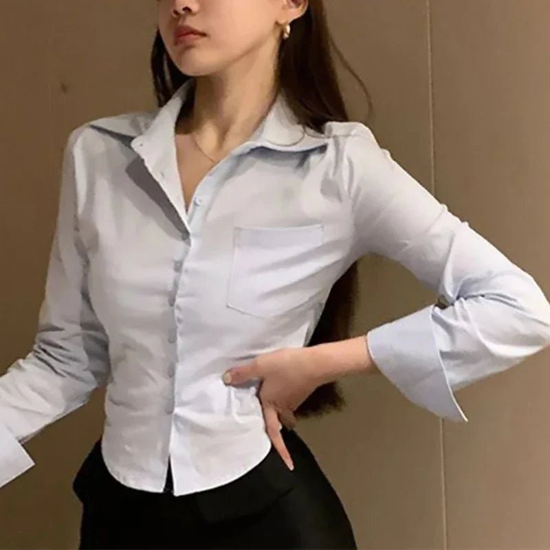 2025 Spring Commuter Long Sleeve New Female Crop Tops Korean White Office Women Chiffon Shirt Pocket Button Lapel Ladies Blouse - BACKUPMYFILESNOW