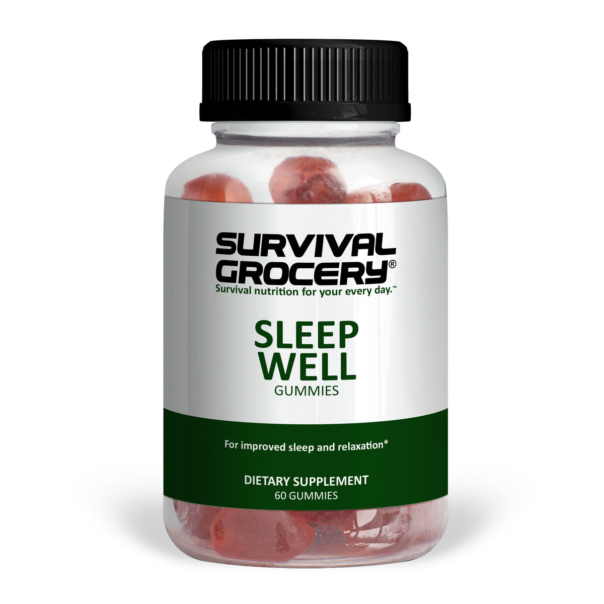 Sleep Well Gummies by Survival Grocery®, adult specialty supplement with berry-flavored gummies for restful sleep.
