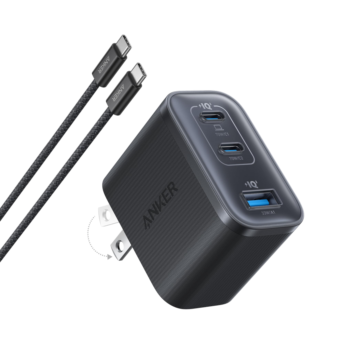 Anker Nano Charger 70W with three USB-C ports, compact design for fast charging multiple devices simultaneously.