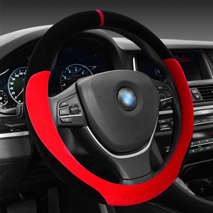 Winter short plush flocking steering wheel cover in soft, textured fabric close-up