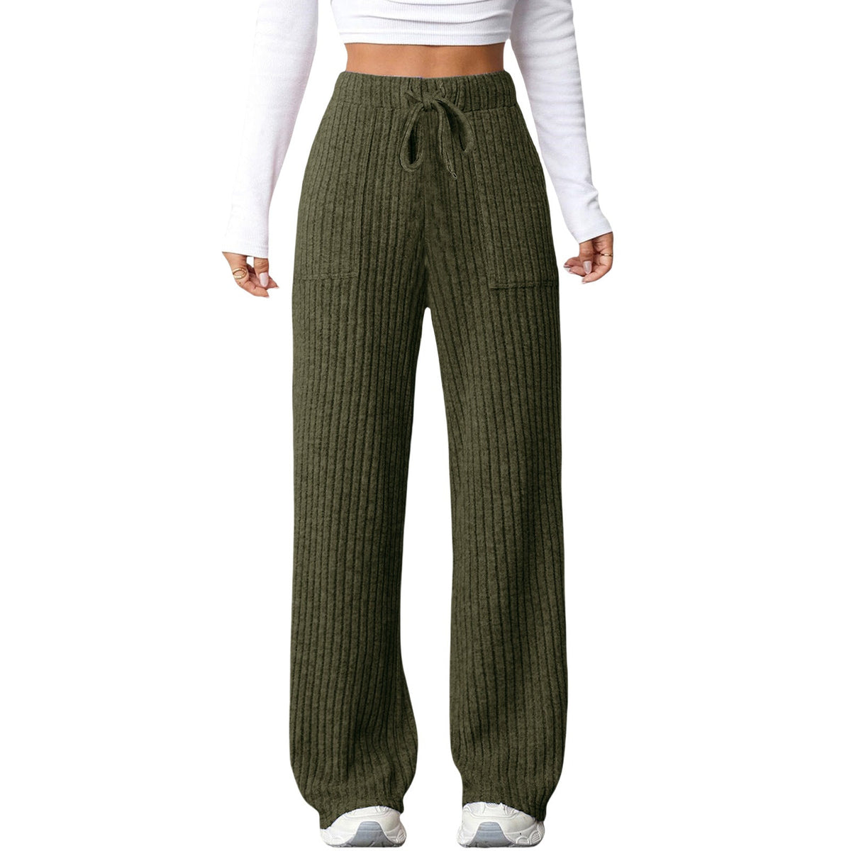 Women's solid-color ribbed casual pants with side pockets, relaxed fit and elastic waistband