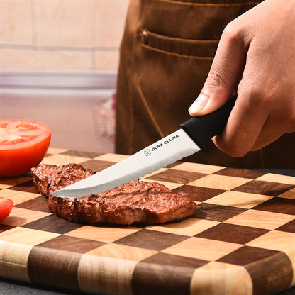 Dura Living 4-piece steak knife set with high carbon stainless steel serrated blades and ergonomic handles for dining.