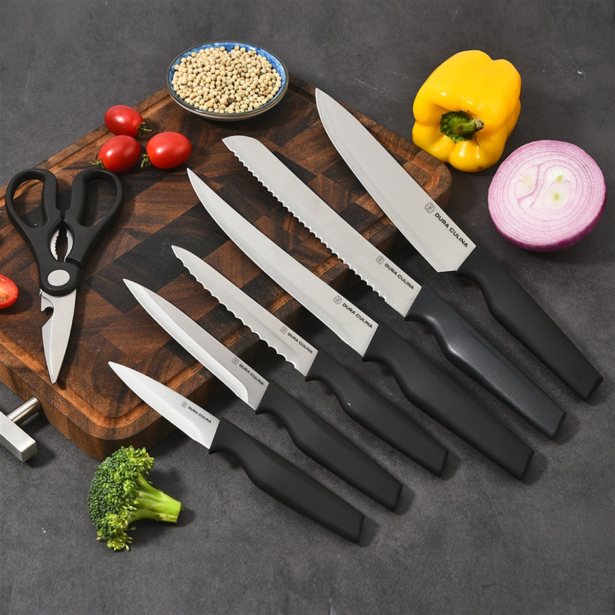 Dura Living 14-piece kitchen knife set with high carbon stainless steel blades, ergonomic handles, and black wood storage block.