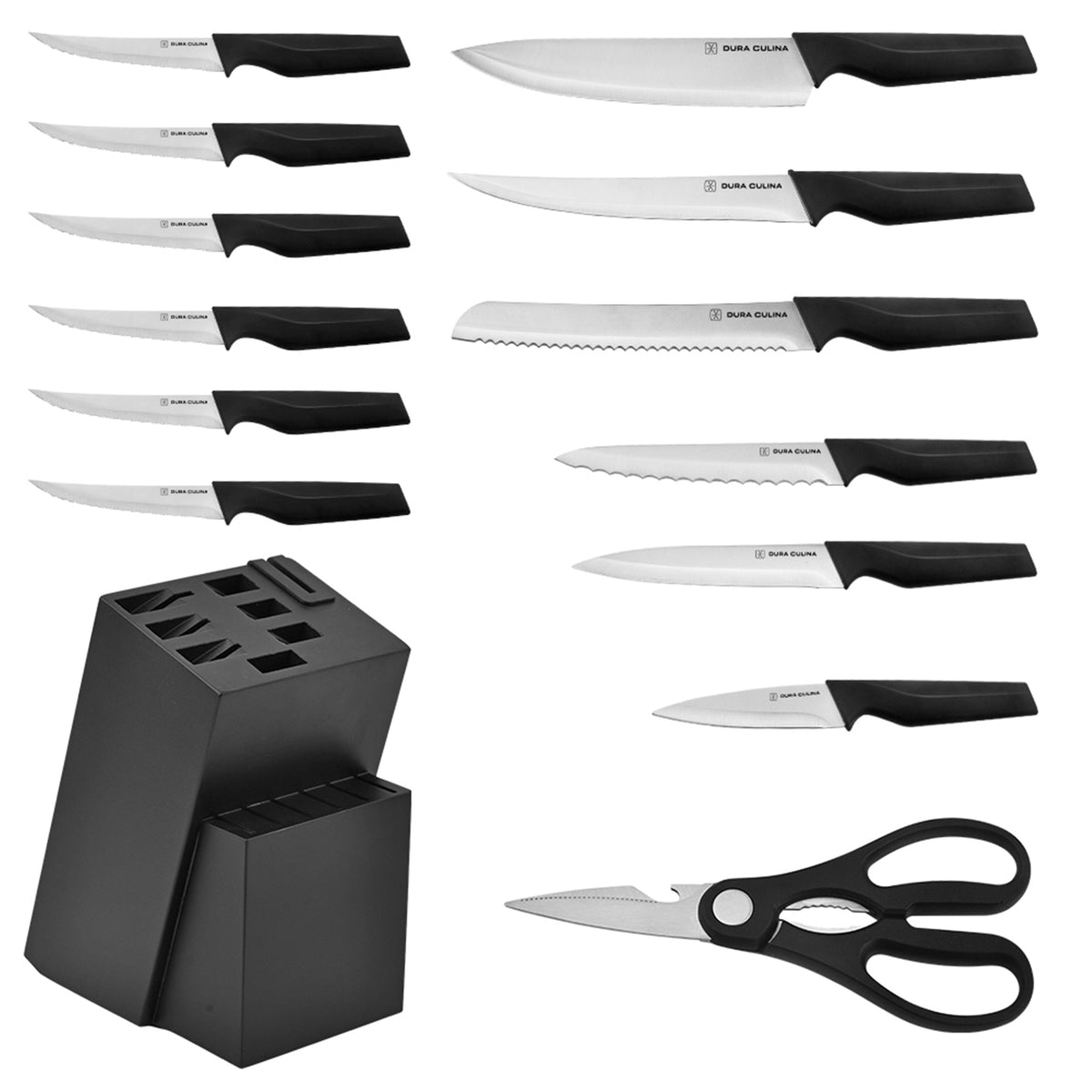 Dura Living 14-piece kitchen knife set with high carbon stainless steel blades, ergonomic handles, and black wood storage block.