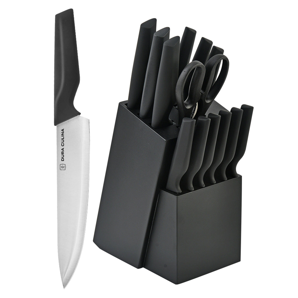Dura Living 14-piece kitchen knife set with high carbon stainless steel blades, ergonomic handles, built-in sharpener, in black wood block