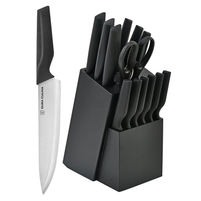 Dura Living 14-piece kitchen knife set with high carbon stainless steel blades, ergonomic handles, built-in sharpener, in black wood block