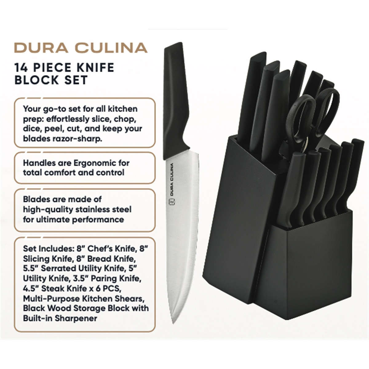 Dura Living 14-piece kitchen knife set with high carbon stainless steel blades, ergonomic handles, and black wood storage block.
