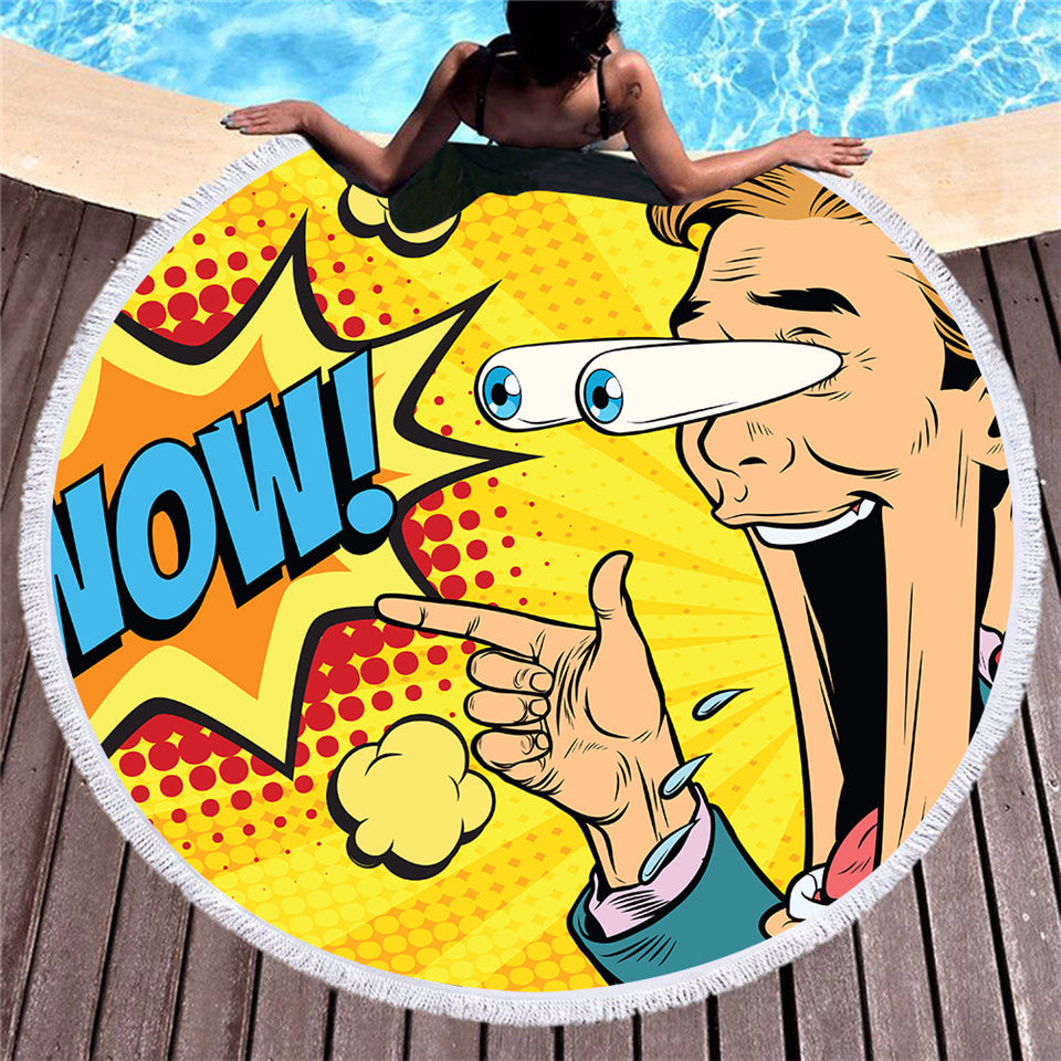 Retro round printed beach towel displayed flat with colorful patterned design