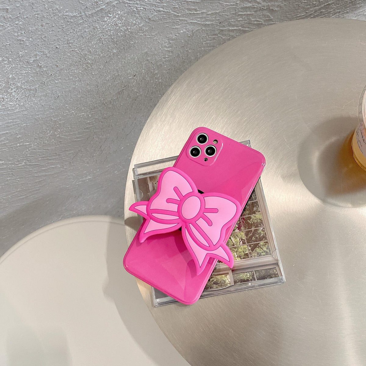 Korea Ins pink bow personality stand phone case by My Store, featuring a cute decorative bow design