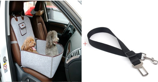 Retro dual-purpose pet car mat front seat cushion with padded gray fabric design and adjustable straps