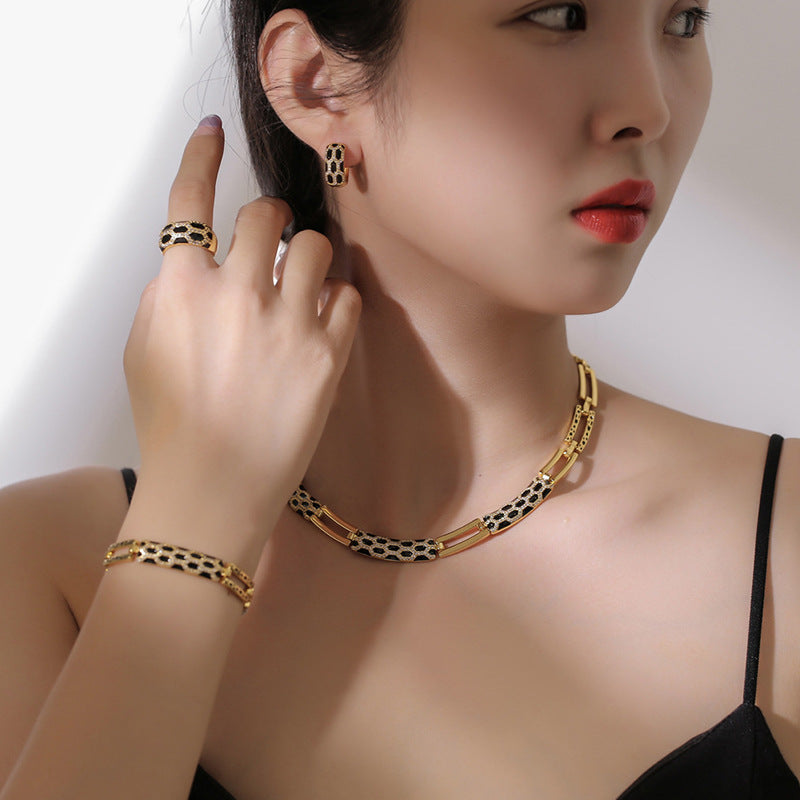 Korean style diamond earring necklace set with sparkling stones and elegant silver-tone finish