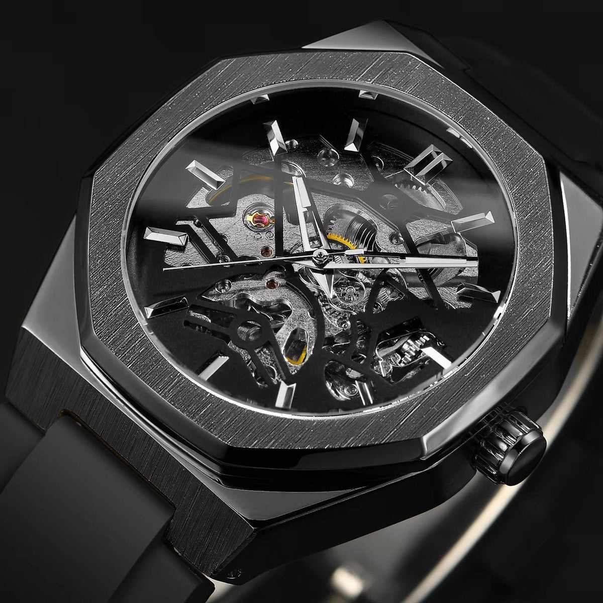 Casual silver hollow skeleton automatic mechanical watch with rubber band, featuring visible inner movement mechanisms