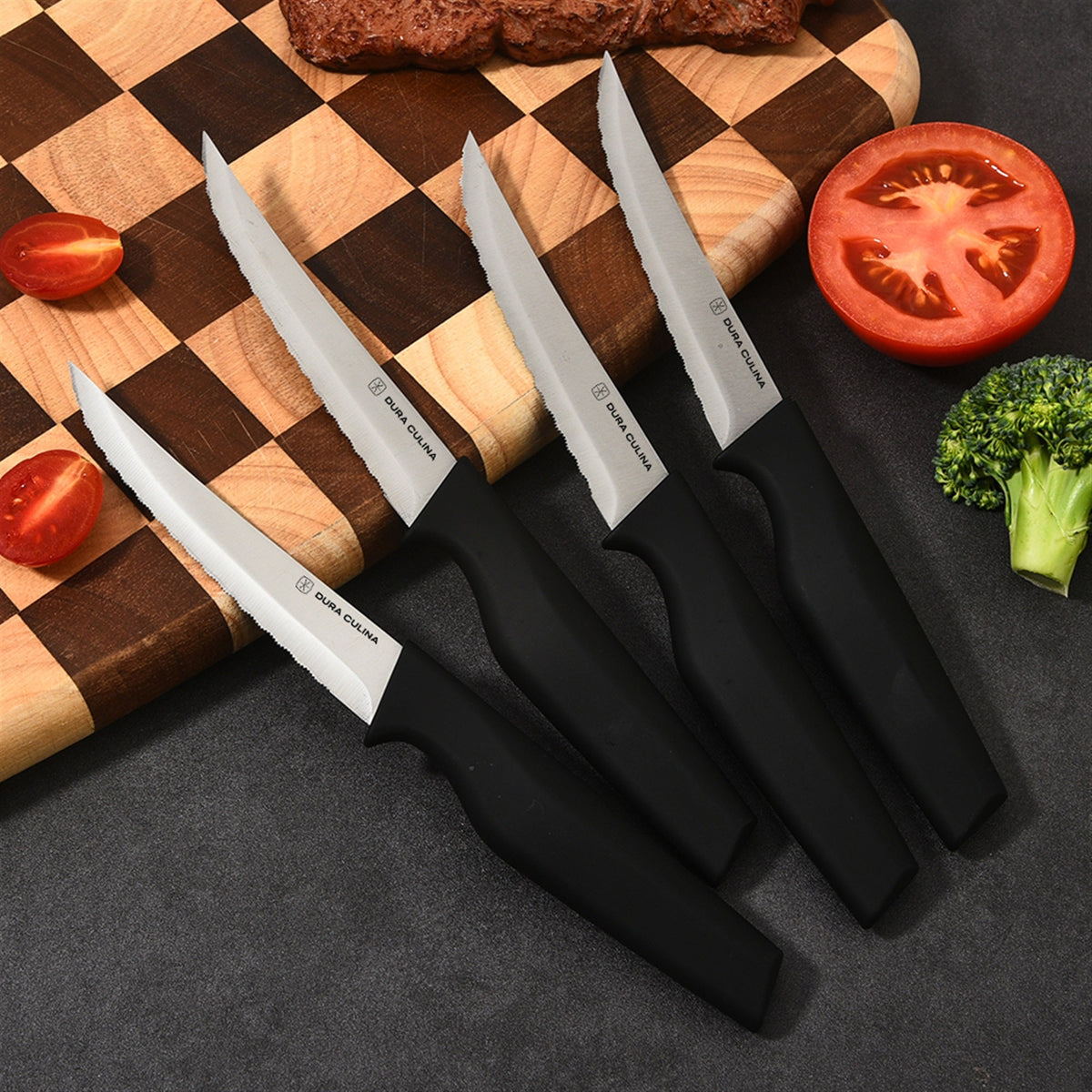 Dura Living 8-piece steak knife set with high carbon stainless steel serrated blades and ergonomic handles, 4.5-inch kitchen knives