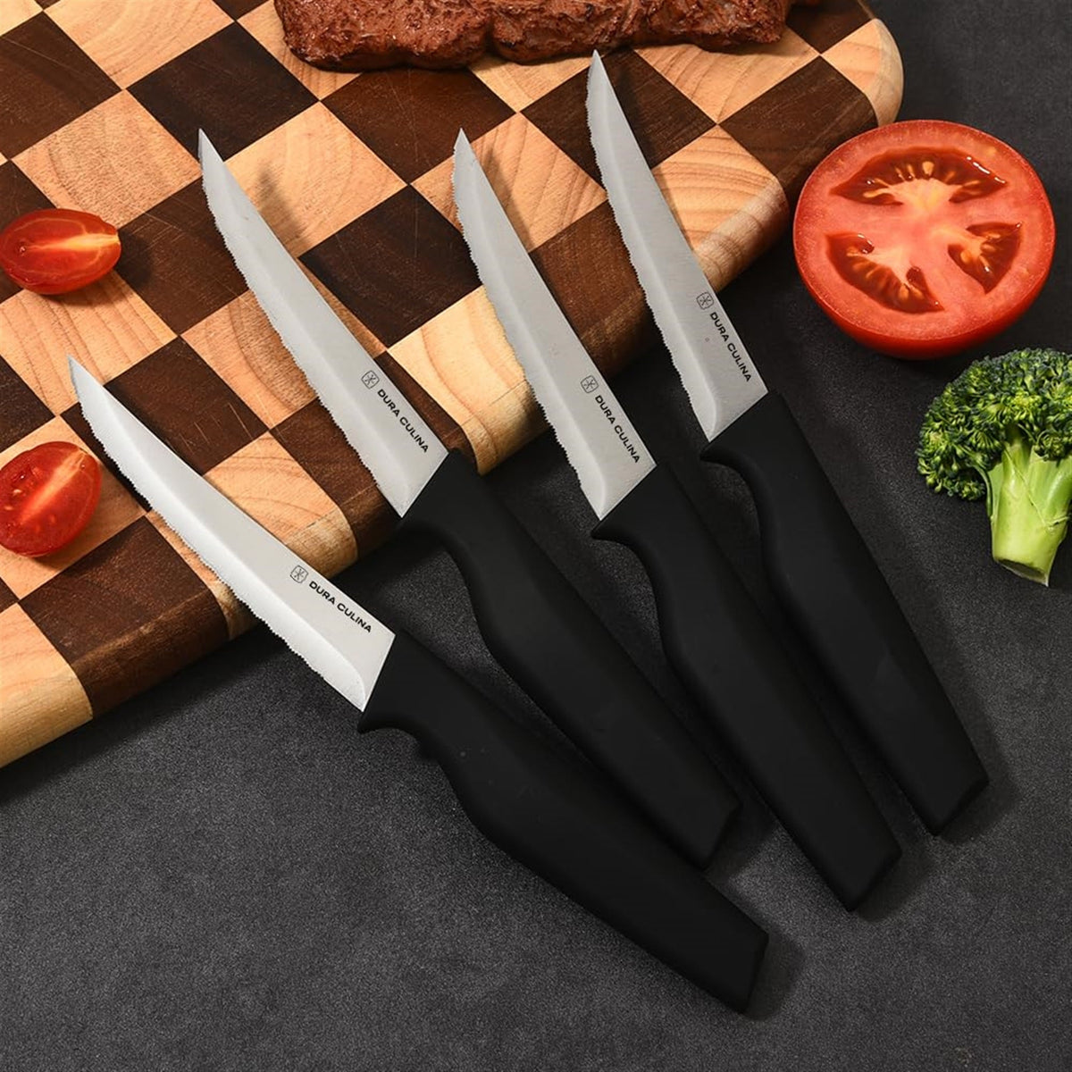 Dura Living 8-piece steak knife set with high carbon stainless steel serrated blades and ergonomic handles for dining.