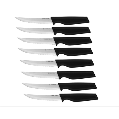 Dura Living 8-piece steak knife set with high carbon stainless steel serrated blades and ergonomic handles for dining.