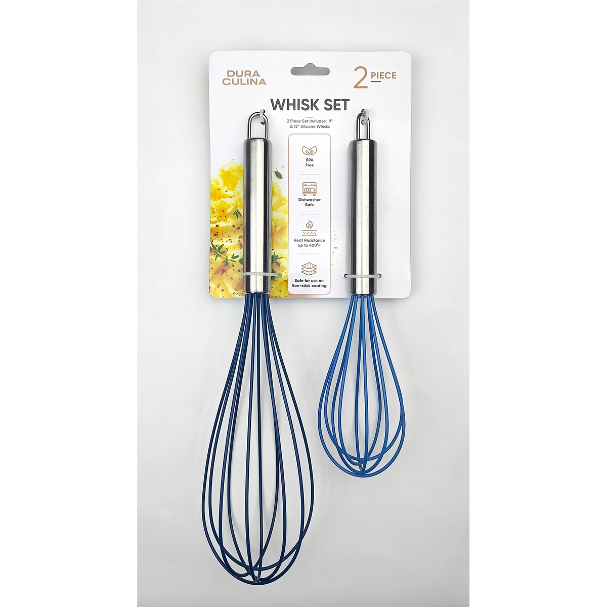 Dura Living 2-piece blue whisk set with stainless steel handles for versatile kitchen mixing and whisking tasks.