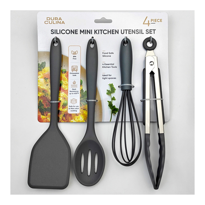Set of four grey mini silicone kitchen tools from Dura Living, including spatula and spoon, non-stick and versatile for cooking.