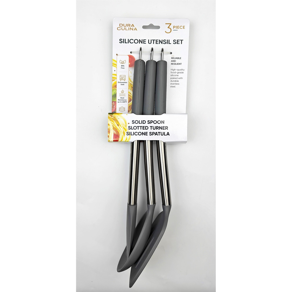 Gray 3-piece silicone kitchen tool set from Dura Living with stainless steel handles, including spatula, spoon, and slotted turner.
