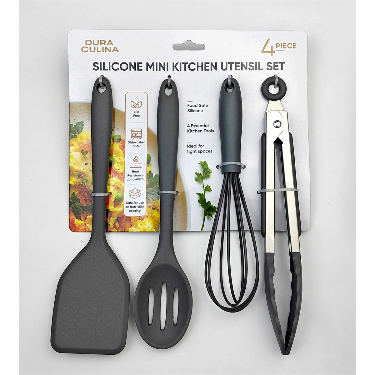 Four-piece grey Dura Living mini silicone kitchen tool set with non-stick, versatile utensils for cooking and baking.