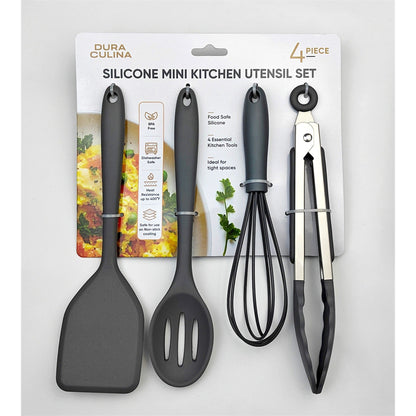 Four-piece grey Dura Living mini silicone kitchen tool set with non-stick, versatile utensils for cooking and baking.