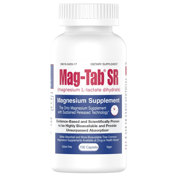 Mag-Tab SR sustained release magnesium supplement bottle with 100 caplets from Pasteur Pharmacy, showing the label and cap.
