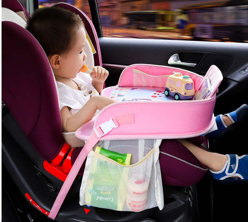 Baby car seat tray table with built-in cup holders and activity surface, suitable for young children