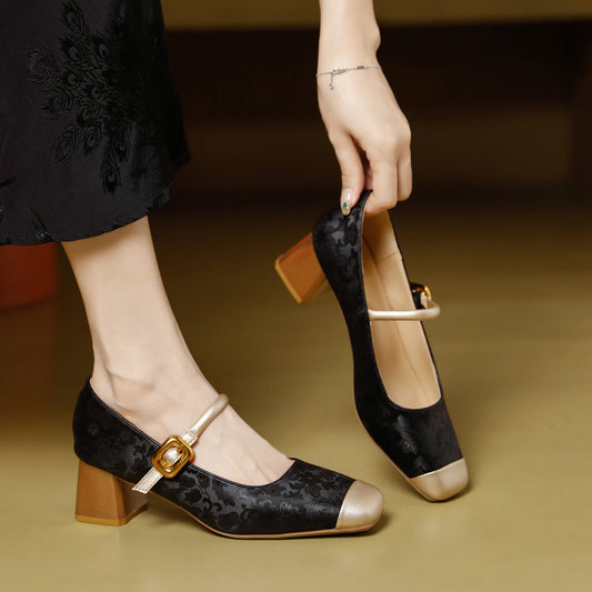 Vintage-inspired chunky-heel square-toe women’s shoes in a low-cut design, Chanel-inspired style